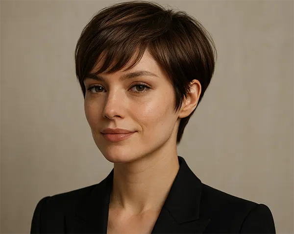 Femme avec une coupe de cheveux trixie cut